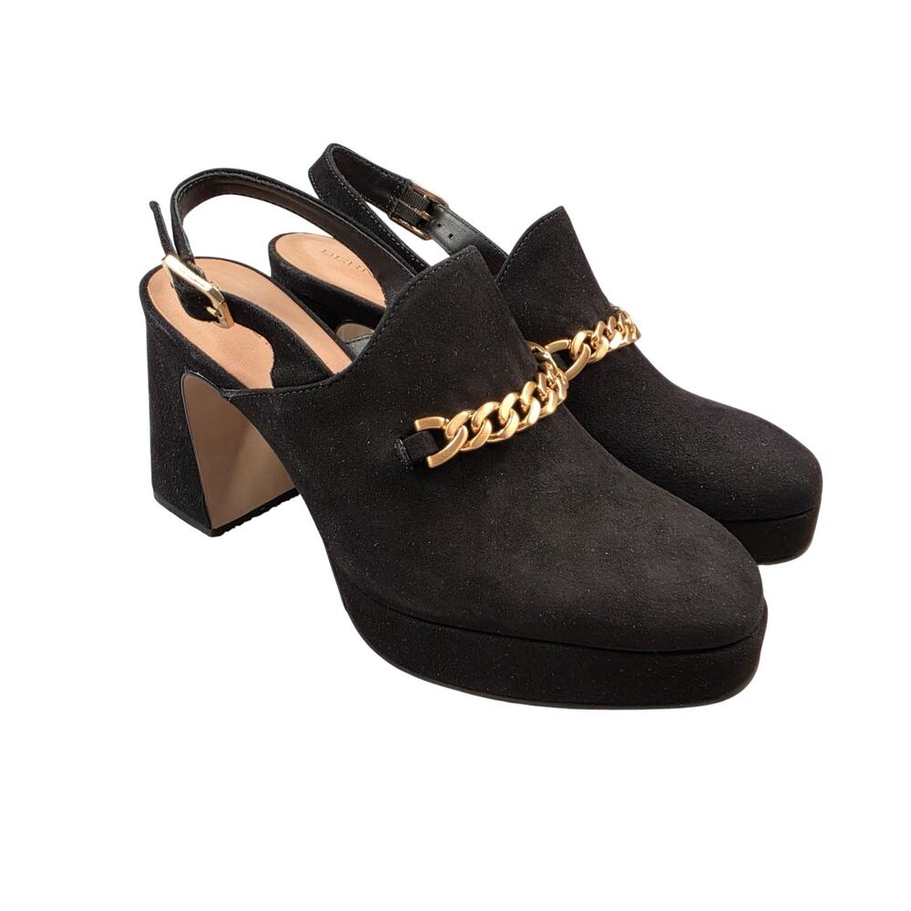 Bernardo Shoes Womens 7 Black Suede Napa Slingback Block Mule Heels Gold Chain